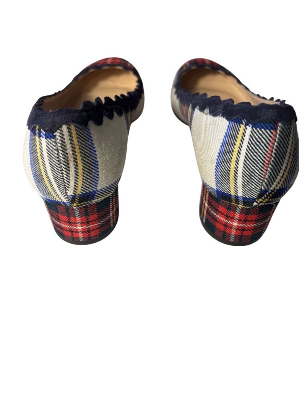 Plaid Scalloped Ballet Flats With Block Heel By J.Crew Size 8.5 Red/Navy Multi - Picture 4 of 10